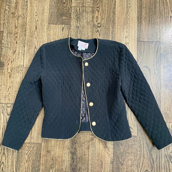 Caron Petite Vintage Quilted Jacket Black Gold Trim Button Front Cropped USA - Picture 1 of 7